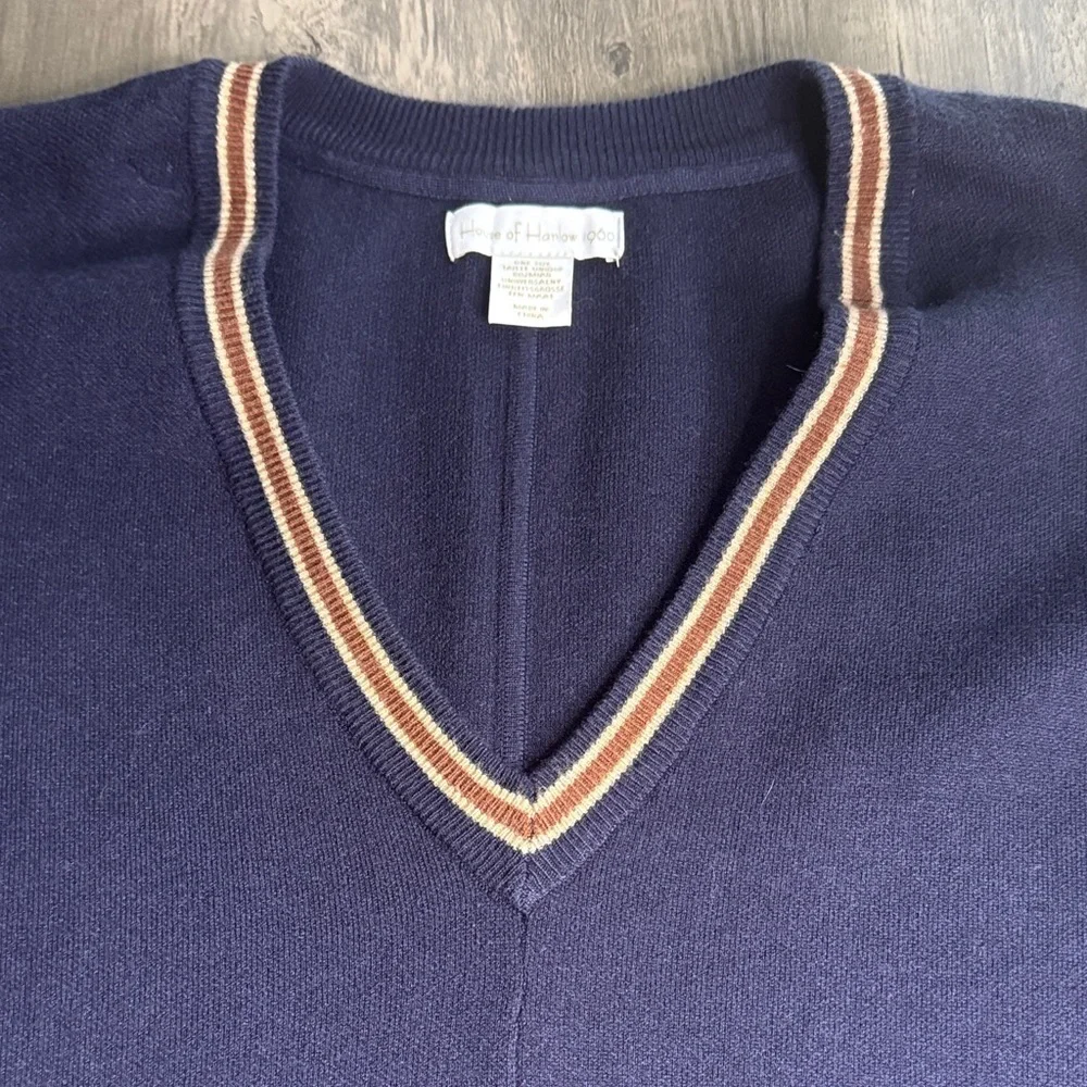 House of Harlow 1960 Navy V-Neck Poncho with Brown and Tan Striped Trim